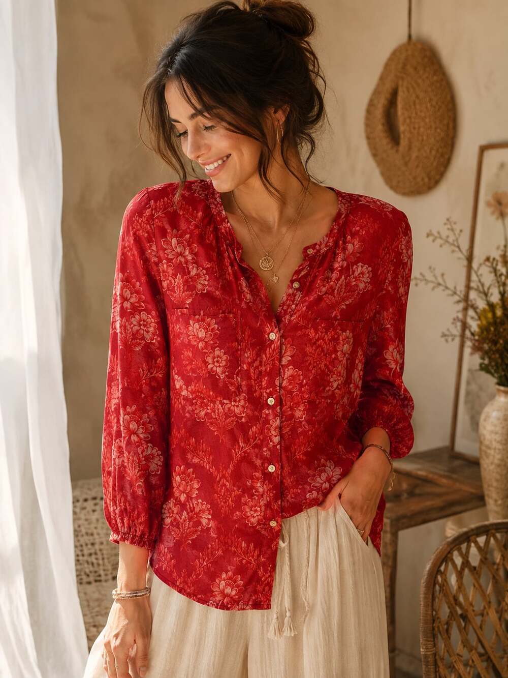 Anthropologie Akemi + Kin Red Floral Boho Peasant Blouse XXS Romantic Top